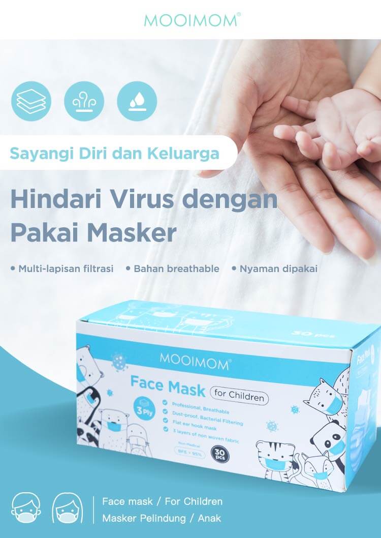 MOOIMOM Disposable Face Mask Children Pack 30 Mask - Masker Anak 3ply Sekali Pakai description image