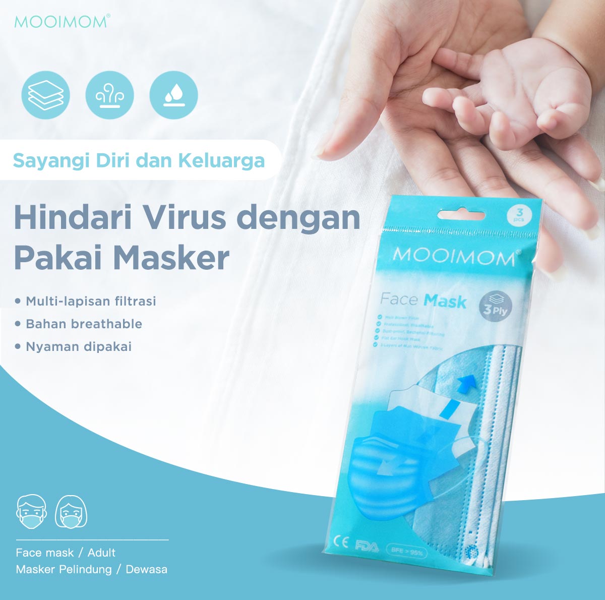 MOOIMOM Disposable Face Mask Adult 3 Mask - Masker 3ply Sekali Pakai description image