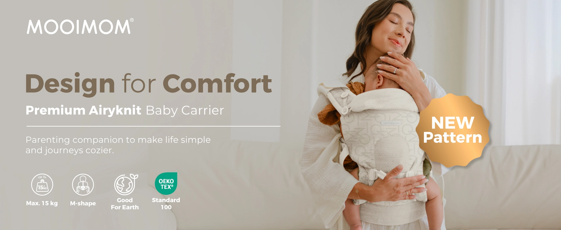MOOIMOM Carry & Cuddle Set A: Airyknit Baby Carrier White Vanilla with Fluffy Doll description image