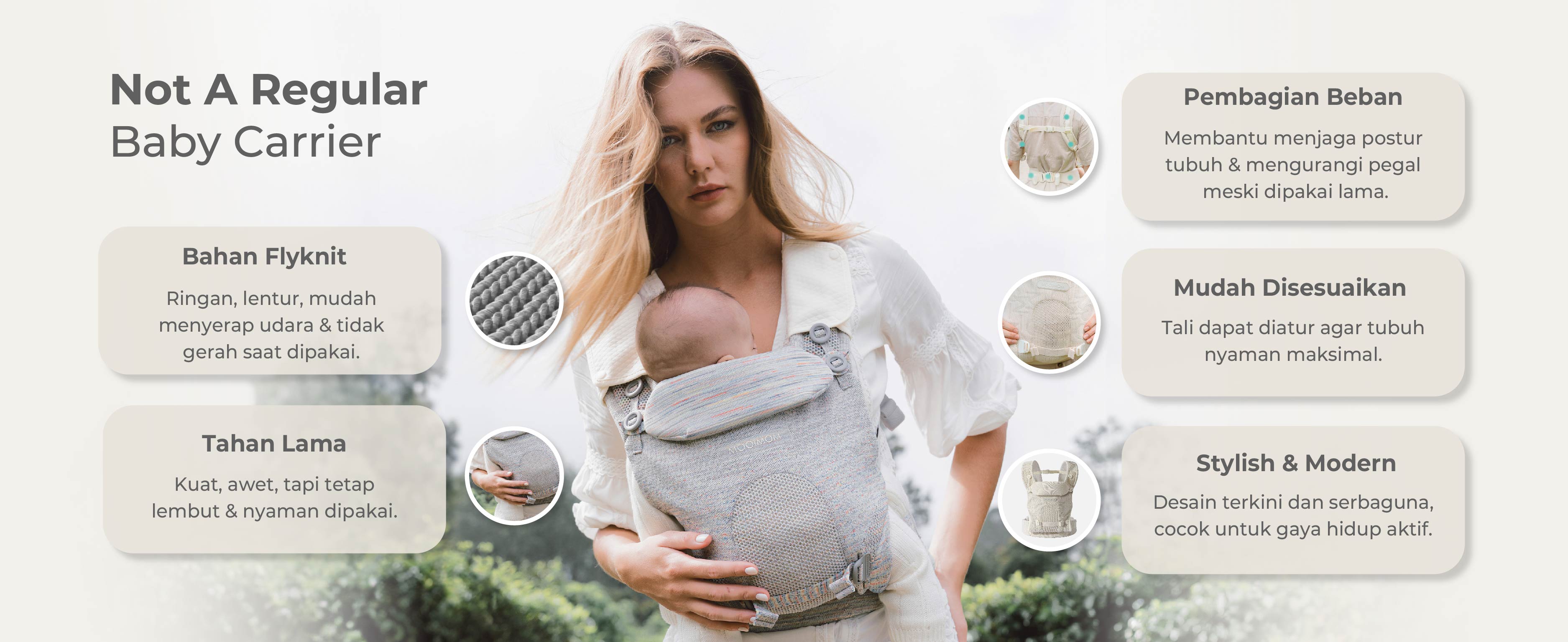 MOOIMOM Carry & Cuddle Set A: Airyknit Baby Carrier White Vanilla with Fluffy Doll description image