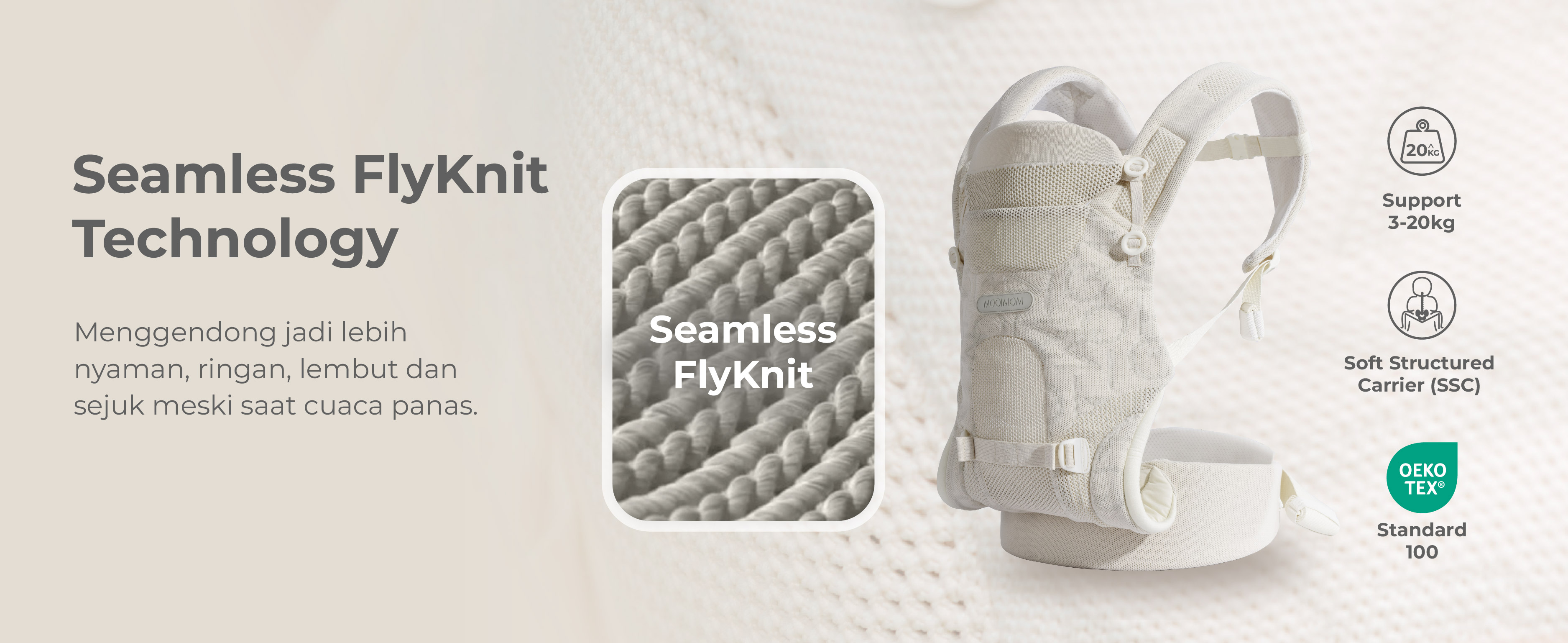 MOOIMOM Carry & Cuddle Set A: Airyknit Baby Carrier White Vanilla with Fluffy Doll description image