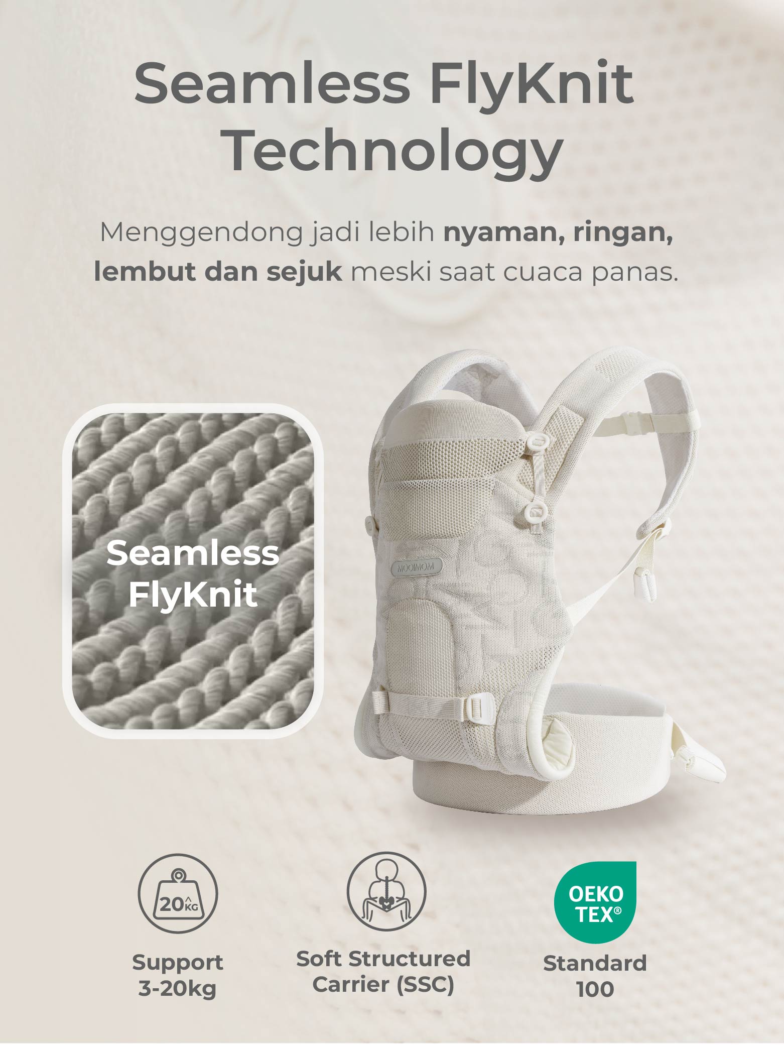 MOOIMOM Carry & Cuddle Set A: Airyknit Baby Carrier White Vanilla with Fluffy Doll description image