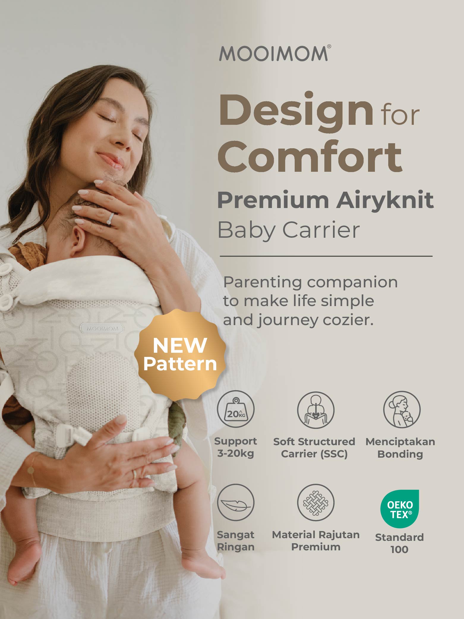 MOOIMOM Carry & Cuddle Set A: Airyknit Baby Carrier White Vanilla with Fluffy Doll description image