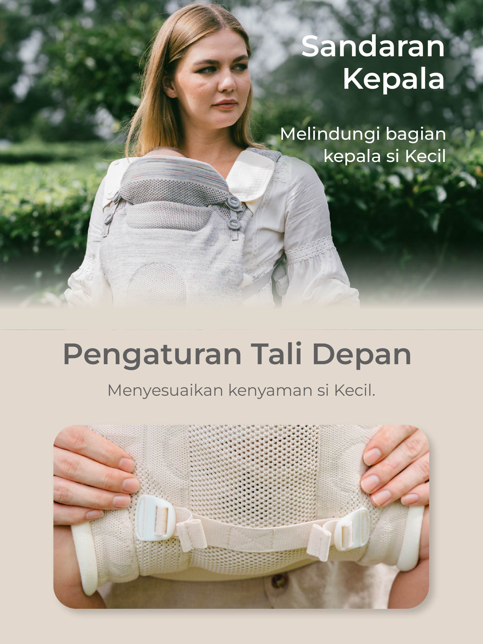 MOOIMOM Carry & Cuddle Set A: Airyknit Baby Carrier White Vanilla with Fluffy Doll description image