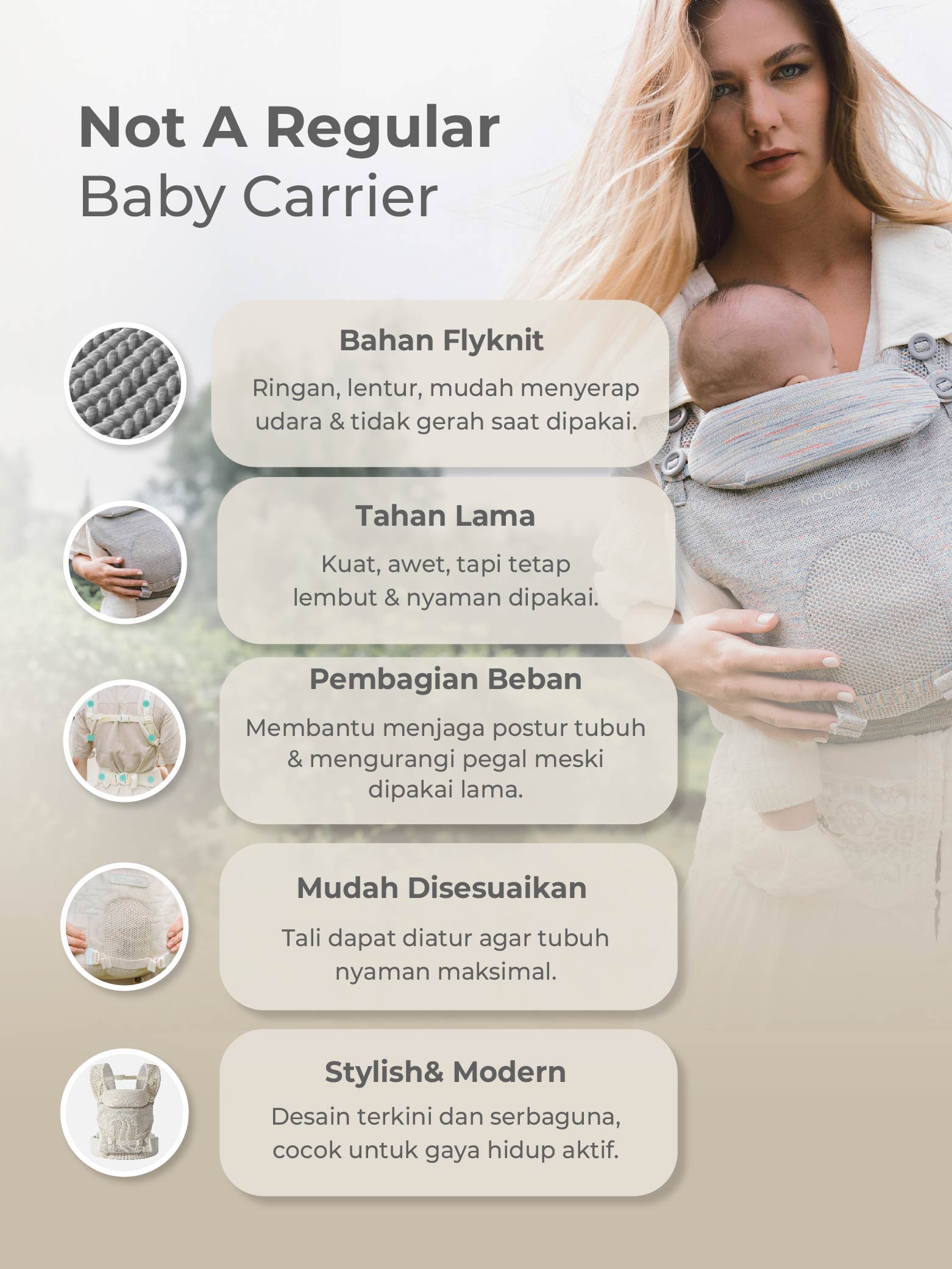 MOOIMOM Carry & Cuddle Set A: Airyknit Baby Carrier White Vanilla with Fluffy Doll description image