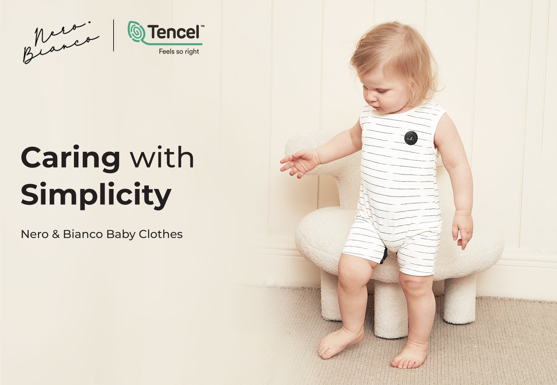 Nero Bianco Tencel™ Sleeveless Onesie - Baju Bayi Lucu | Jumper Bayi description image