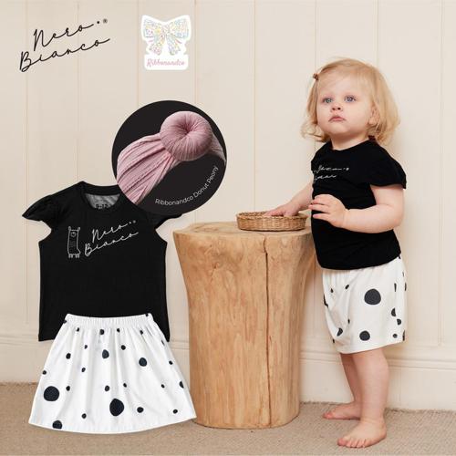 MOOIMOM Trendy Bandana_A: Nero Bianco Tencel™ Frill Skirt & Top x Ribbonandco Donut Headband Peony image