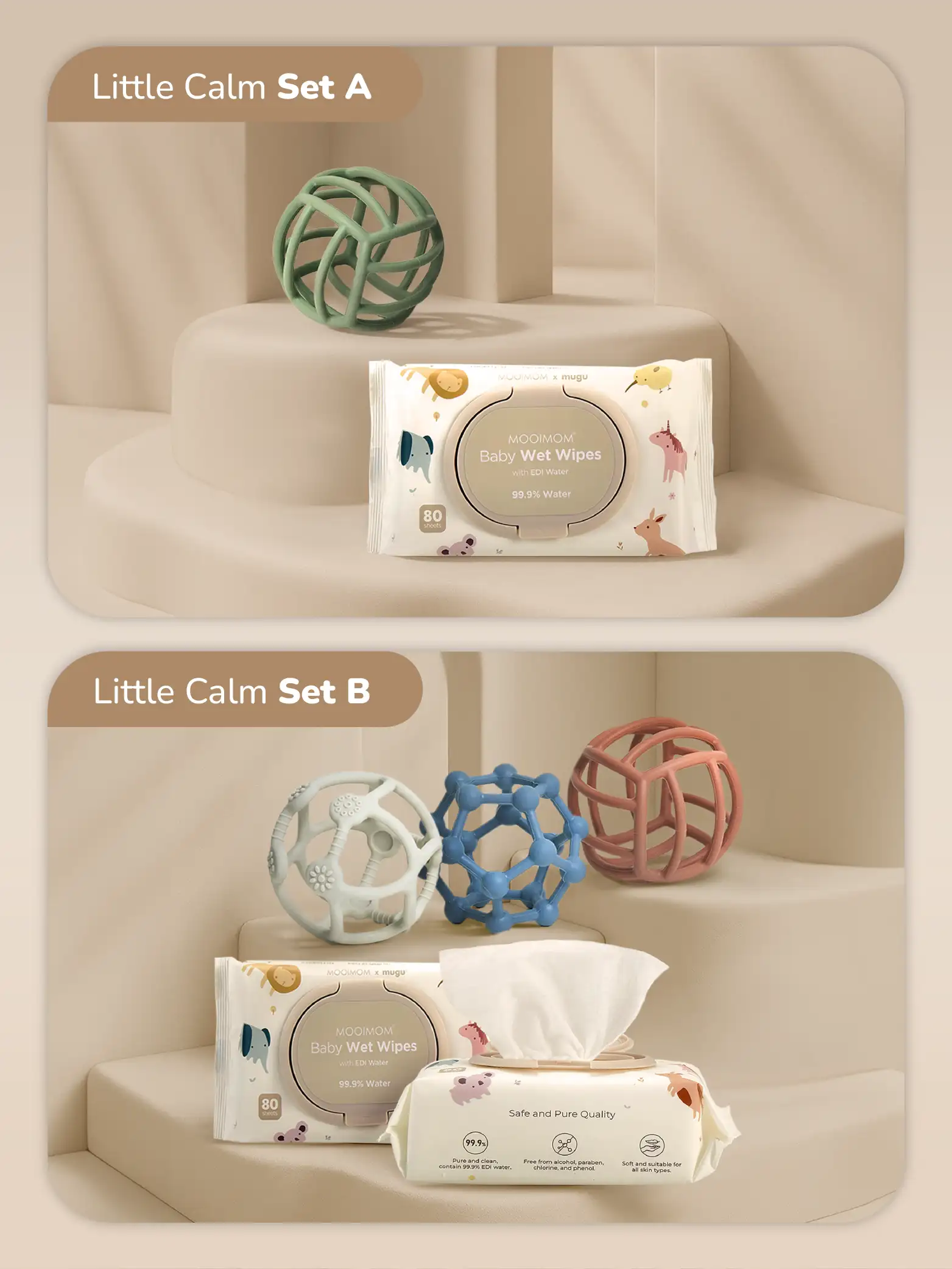 Little Calm Set A (1pcs MUGU Sensory Teether & 1pcs Wet Wipes) description image