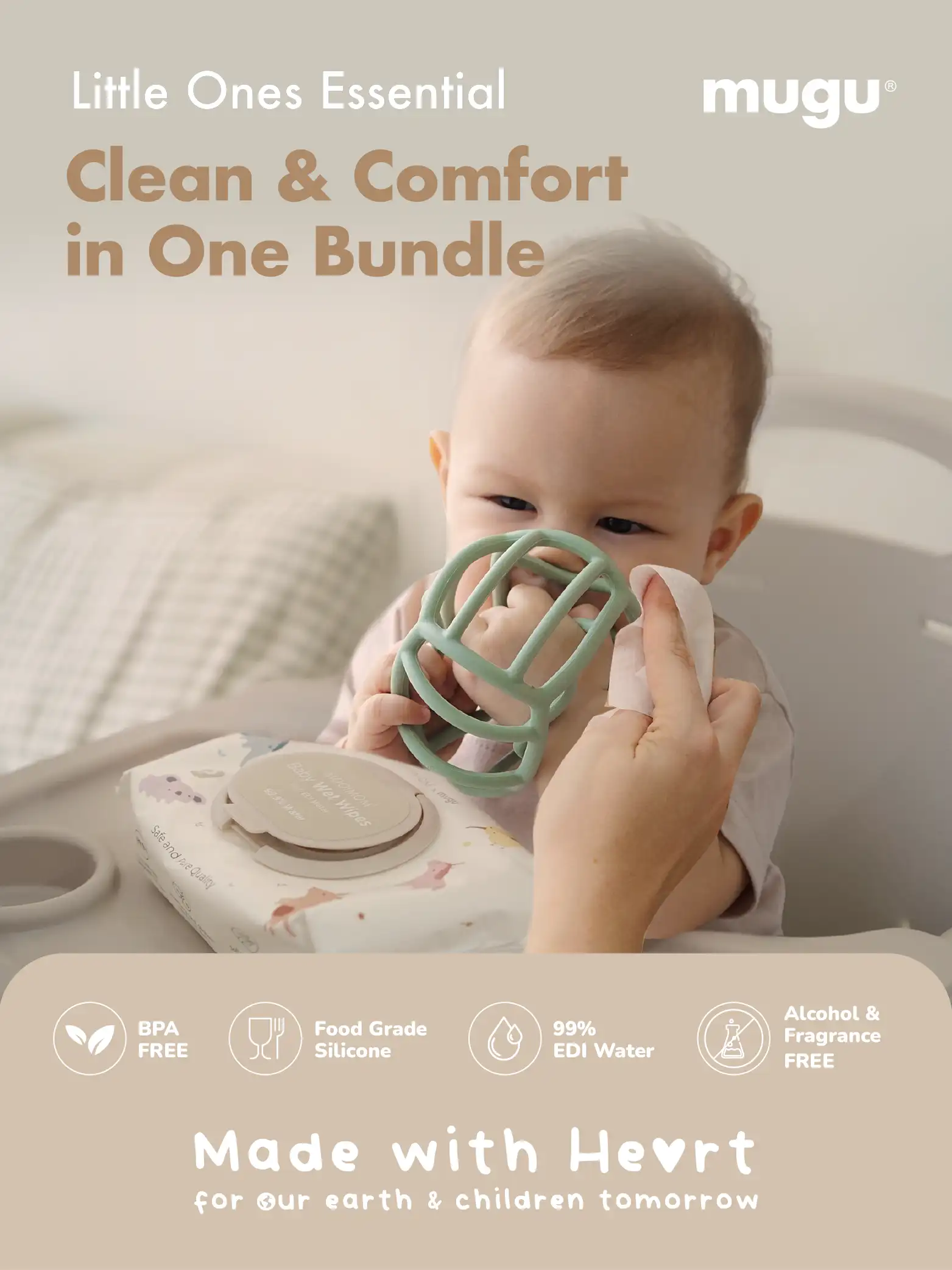Little Calm Set A (1pcs MUGU Sensory Teether & 1pcs Wet Wipes) description image