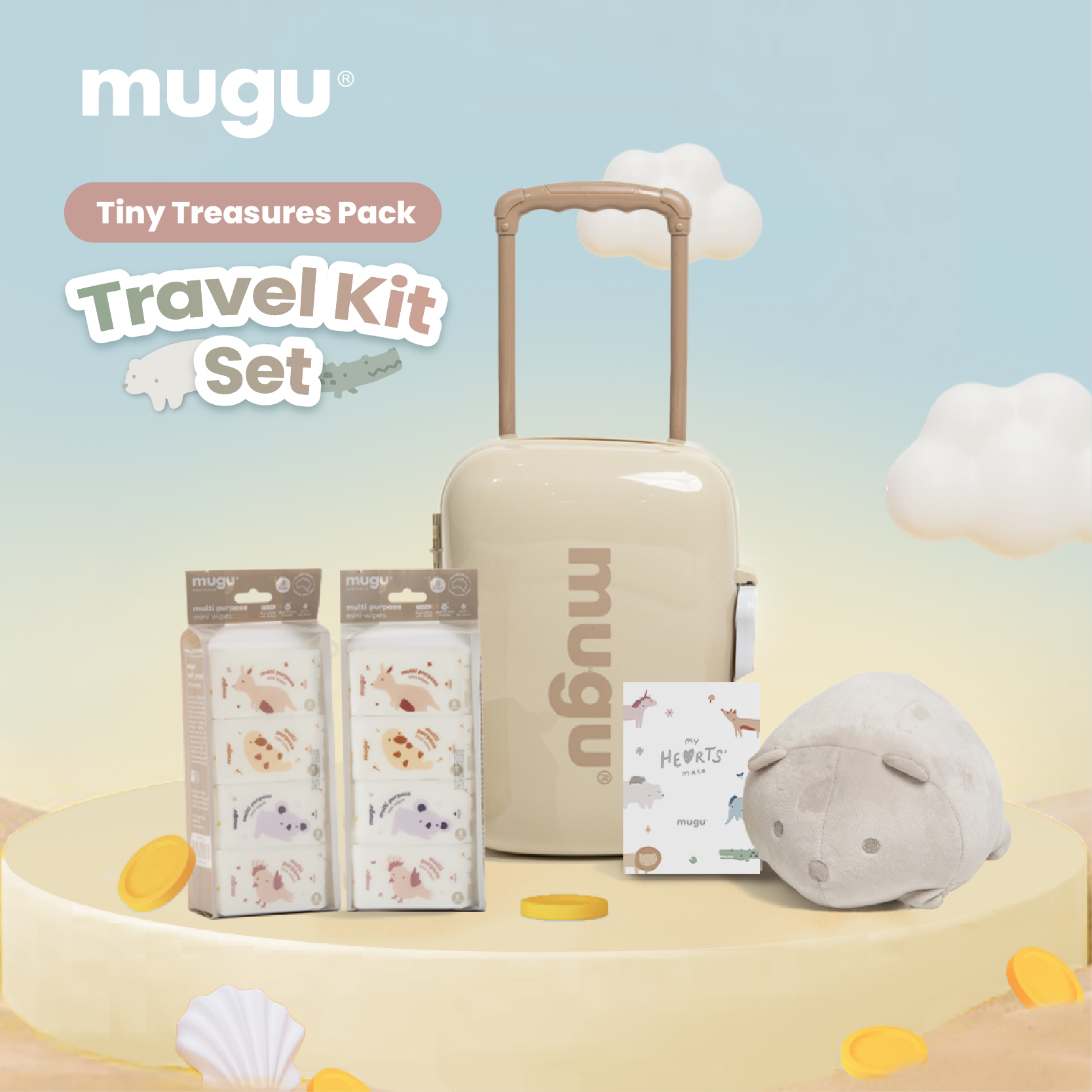 Littlemate Set - Mugu Stuffed Doll - MOOIMOM x mugu Baby Wet Wipes - Mugu multi purpose mini wipes