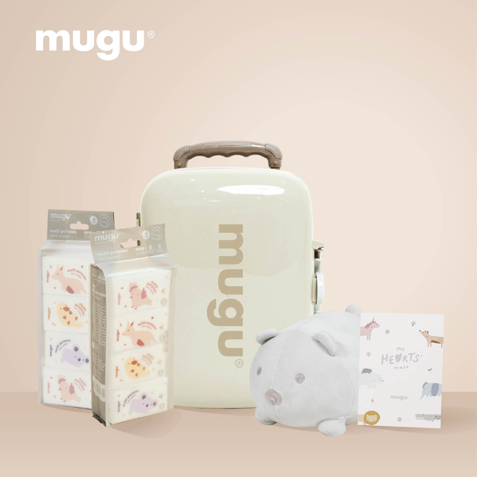 Littlemate Set - Mugu Stuffed Doll - MOOIMOM x mugu Baby Wet Wipes - Mugu multi purpose mini wipes
