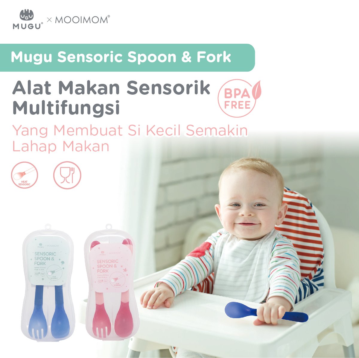 MUGU Sensoric Spoon & Fork - Sendok Garpu Bayi dengan Indikator Panas description image