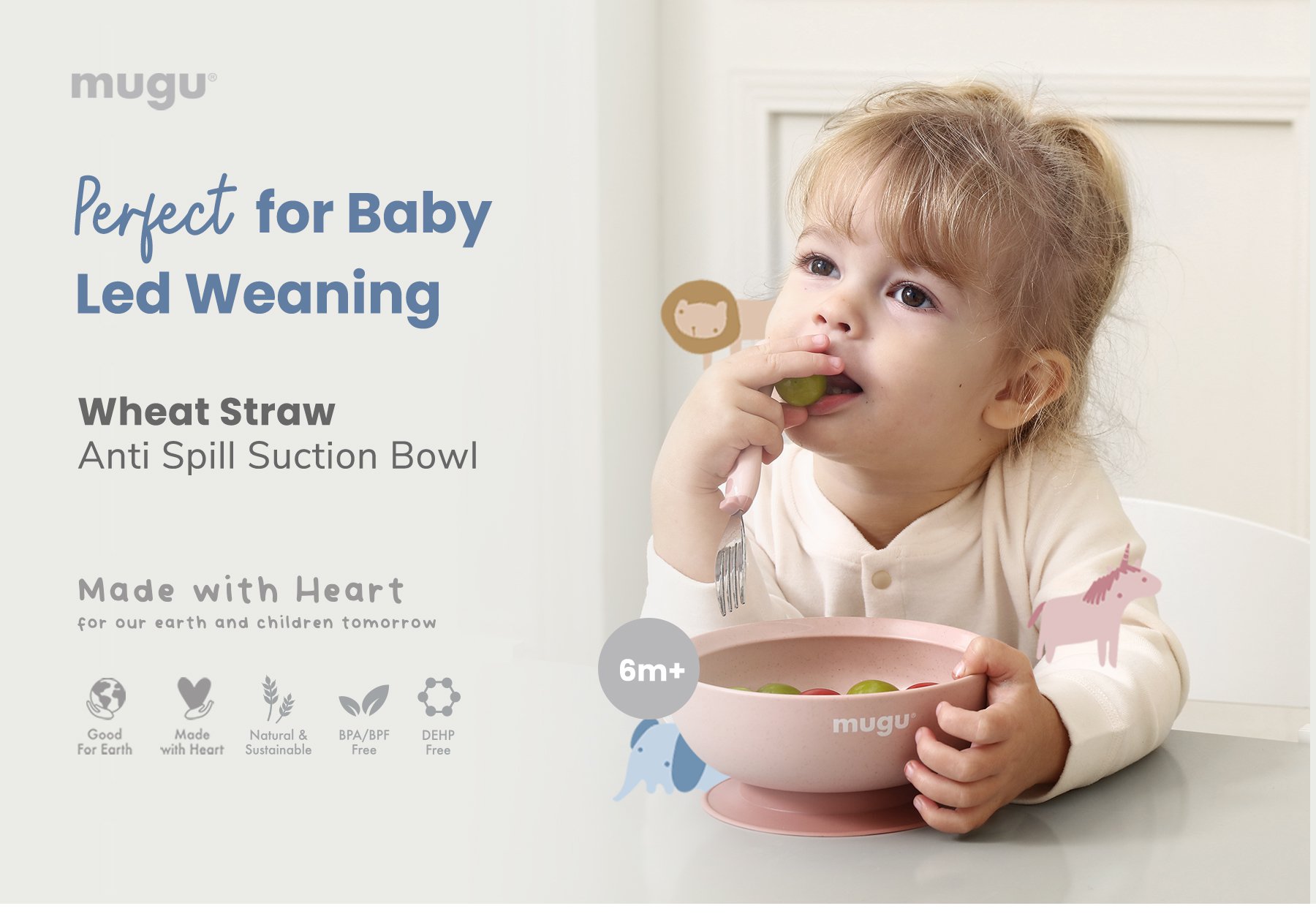 mugu wheat straw antispill suction bowl (340 ml) - Mangkok Tempat Makan Bayi description image