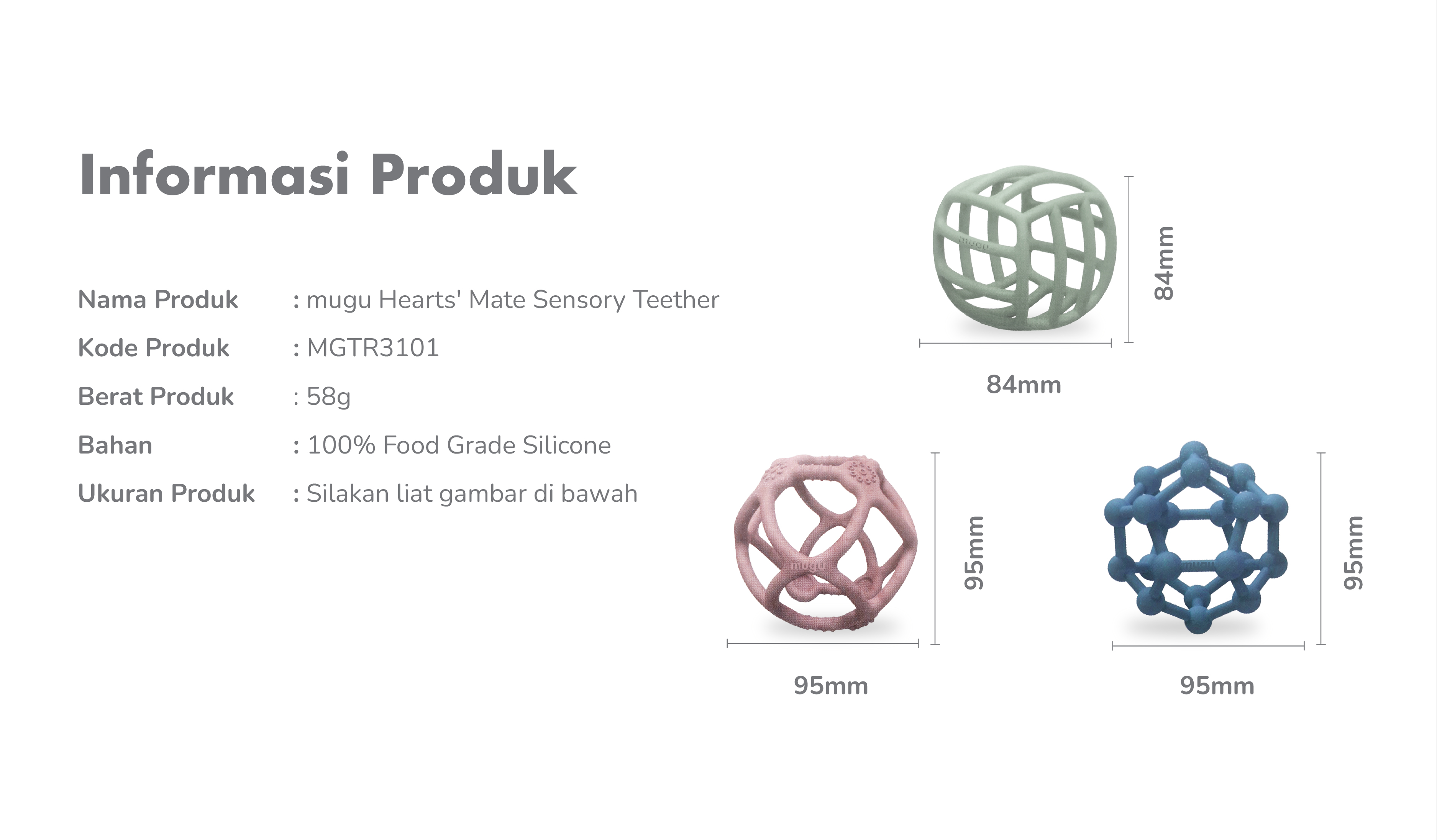 mugu Hearts' Mate Sensory Teether - Gigitan Bayi Silicone Food Grade description image