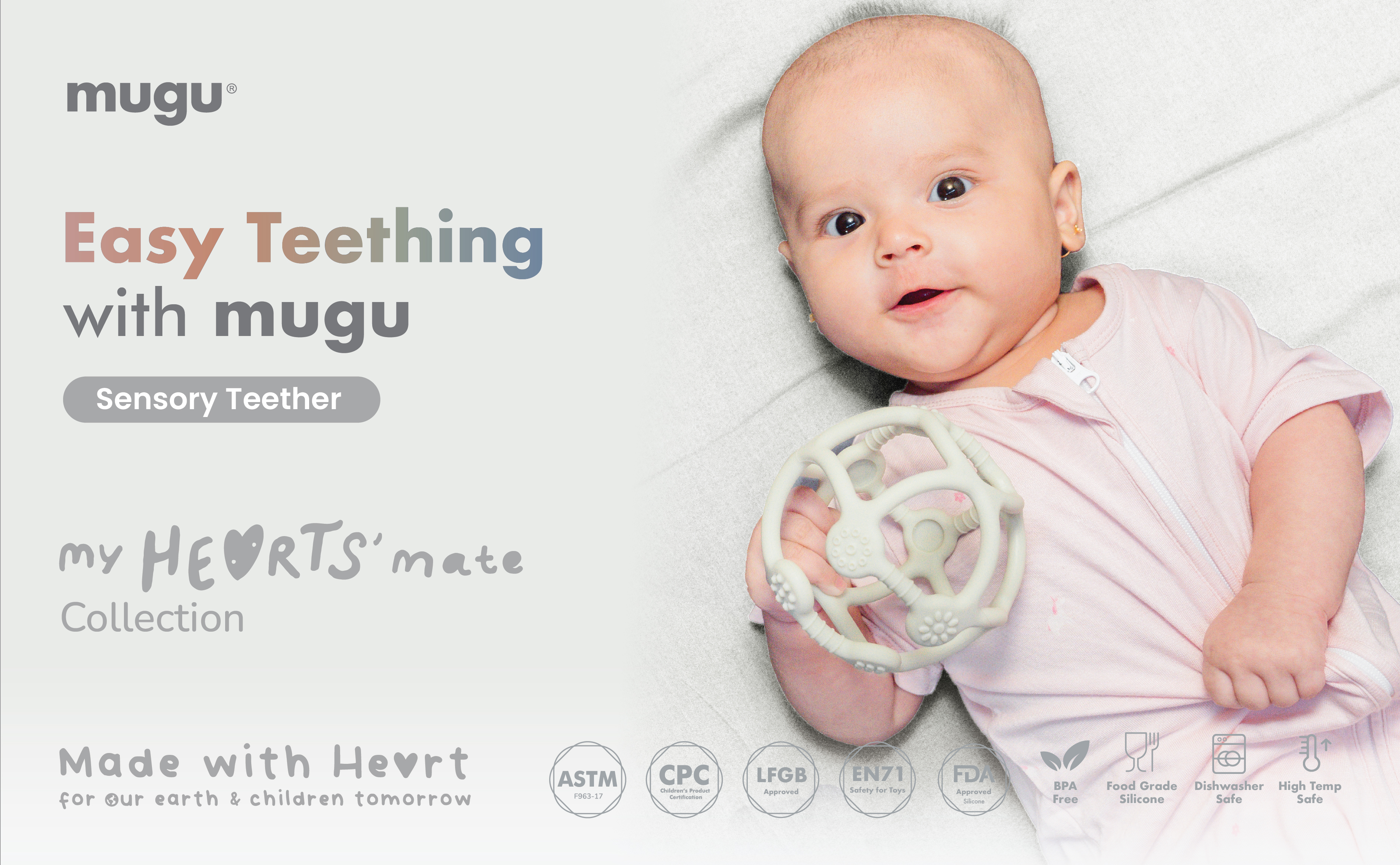 mugu Hearts' Mate Sensory Teether - Gigitan Bayi Silicone Food Grade description image