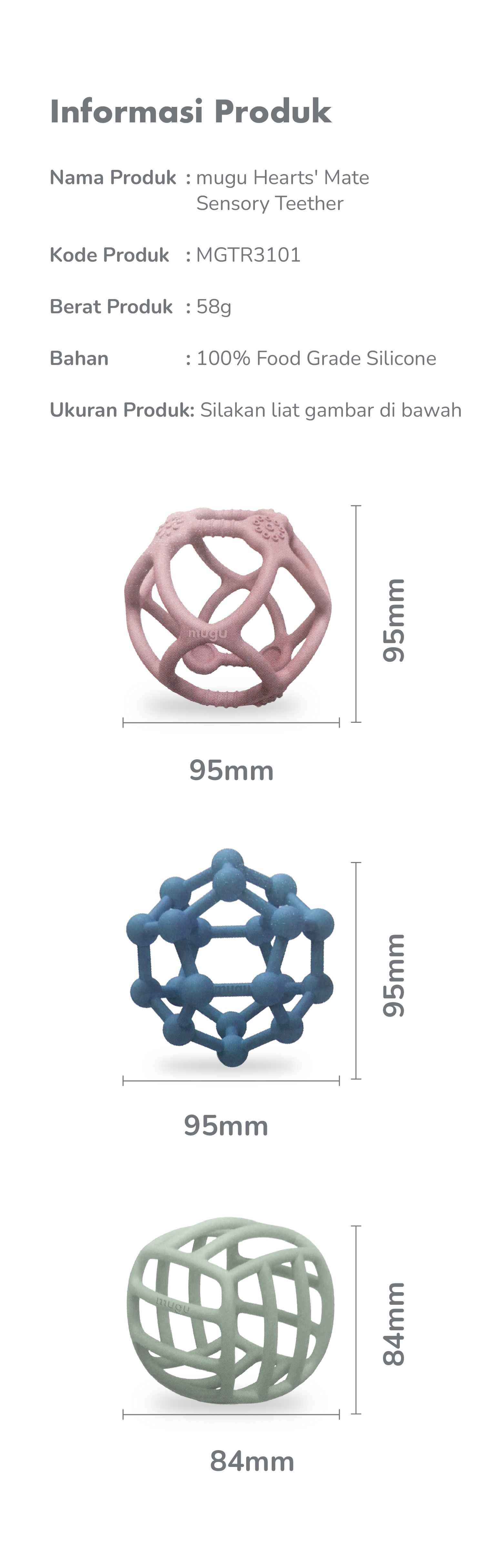 mugu Hearts' Mate Sensory Teether - Gigitan Bayi Silicone Food Grade description image