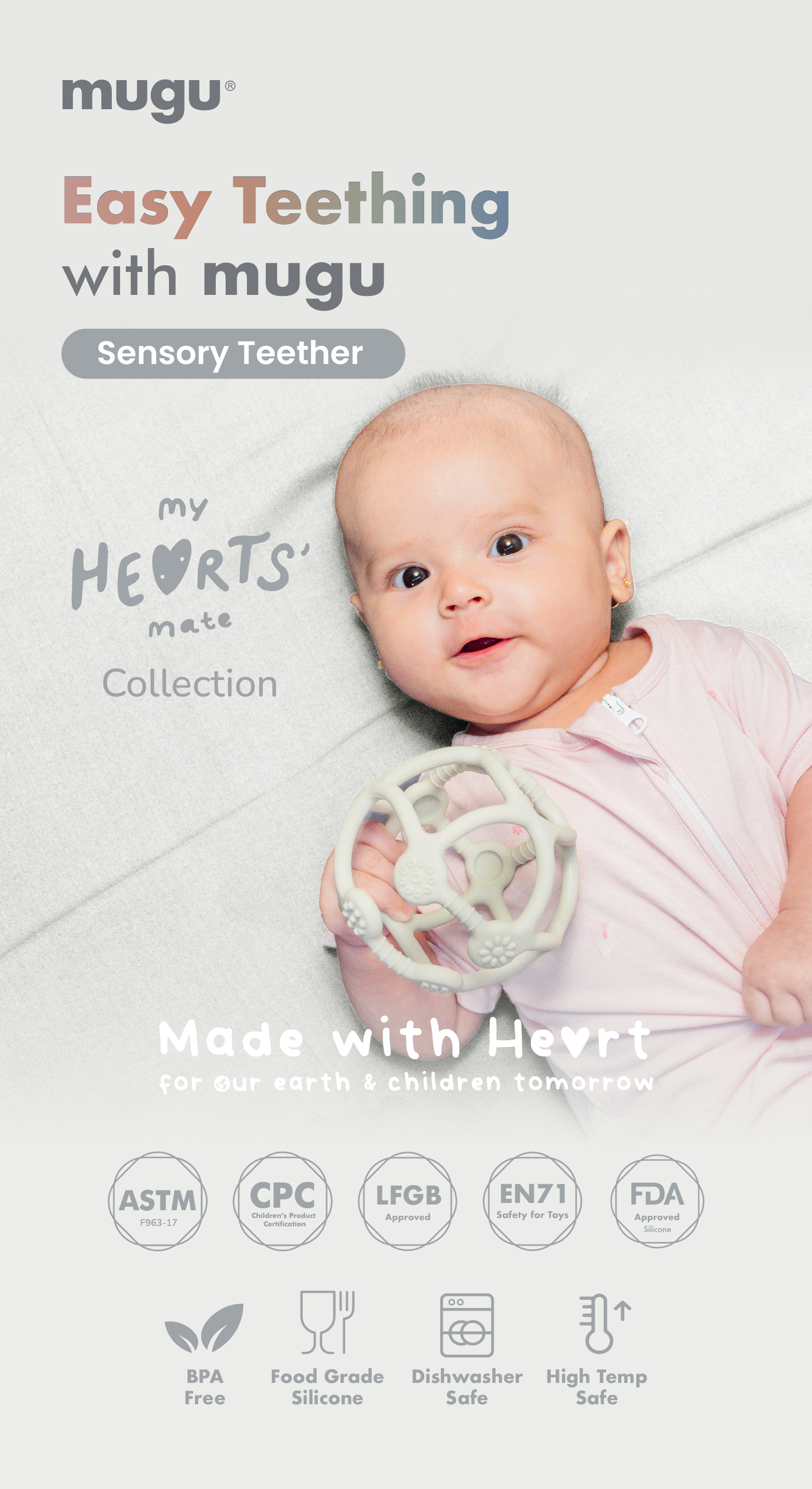 mugu Hearts' Mate Sensory Teether - Gigitan Bayi Silicone Food Grade description image