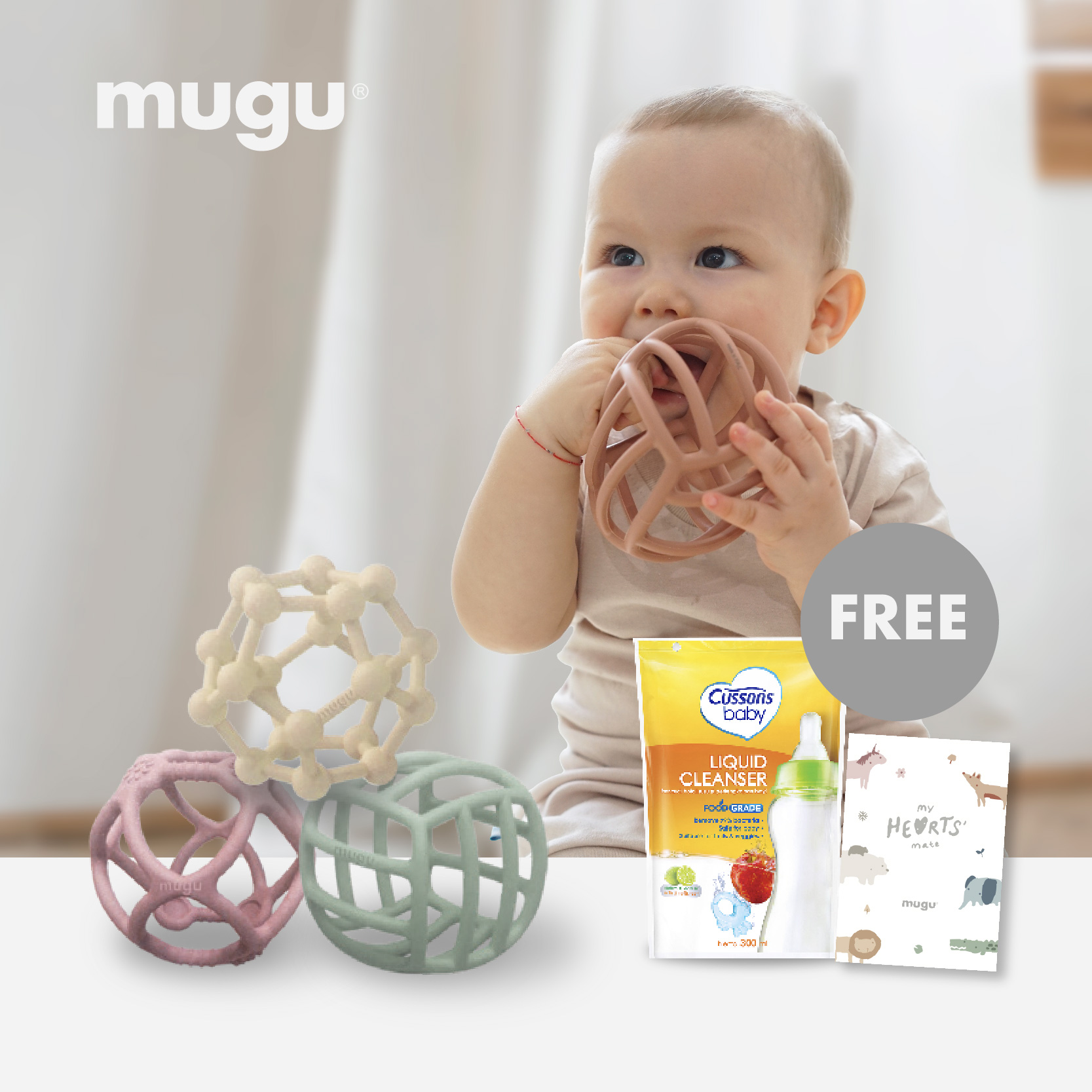 mugu Hearts' Mate Sensory Teether - Gigitan Bayi Silicone Food Grade