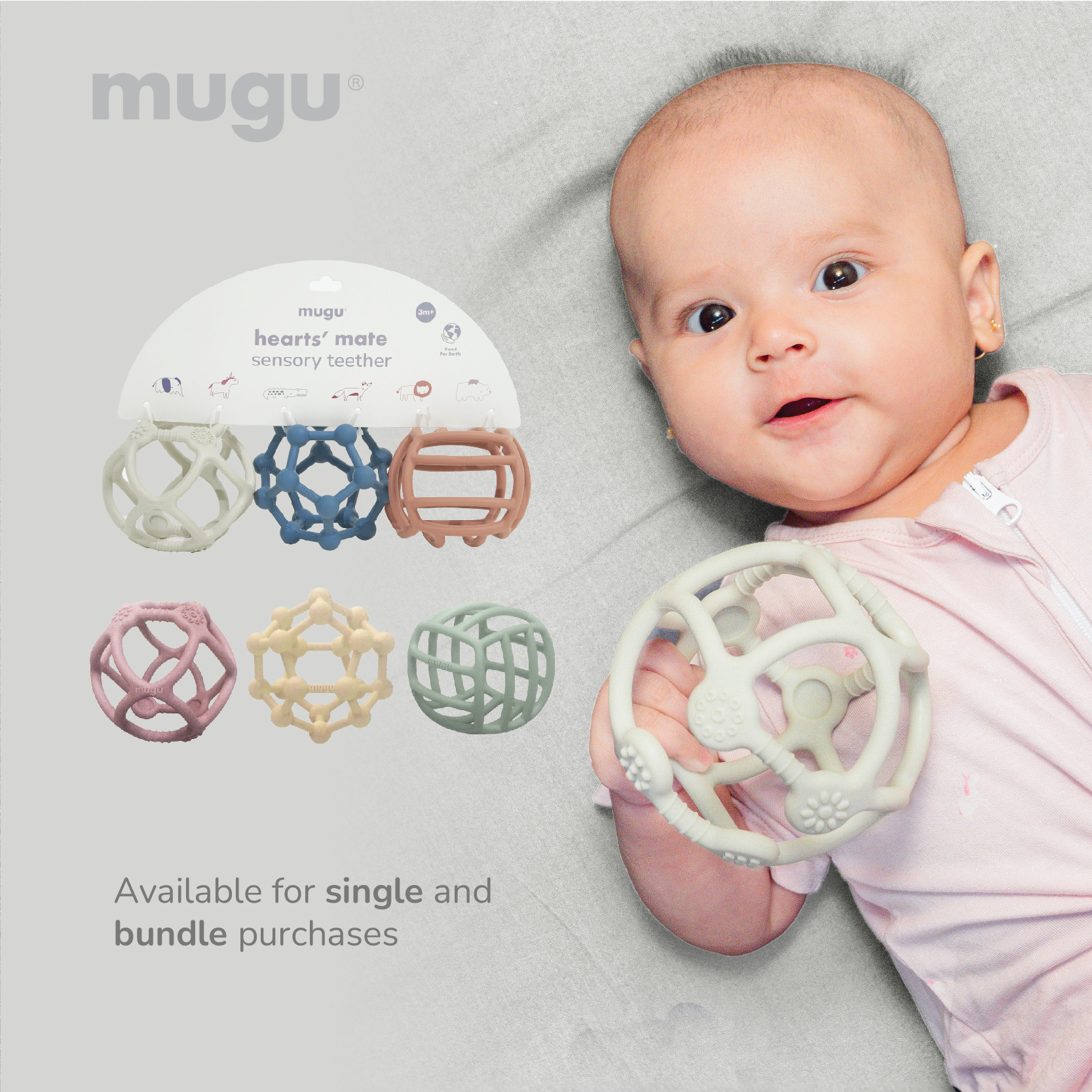 mugu Hearts' Mate Sensory Teether - Gigitan Bayi Silicone Food Grade image