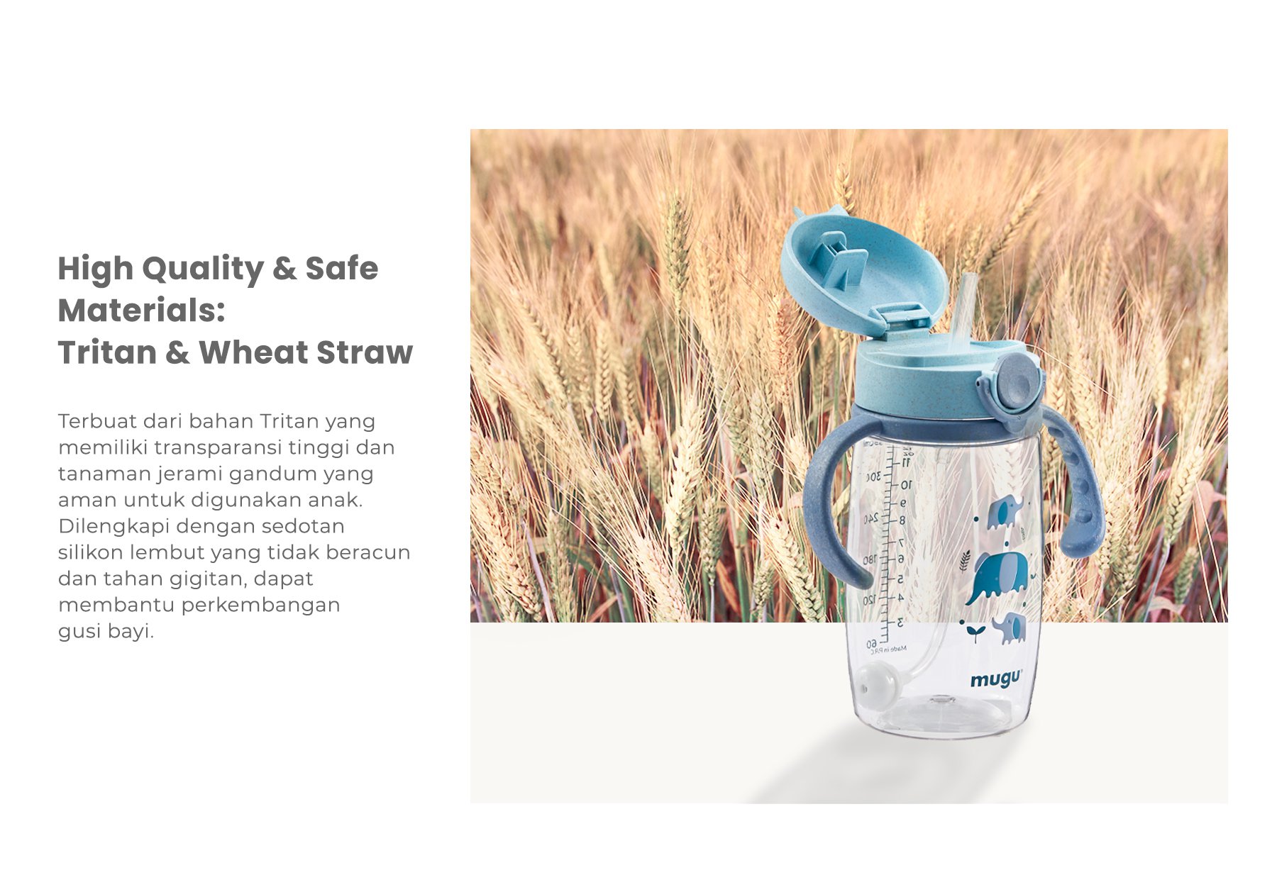 mugu wheat straw tritan training bottle (220ml) - Botol Minum Bayi/Anak description image