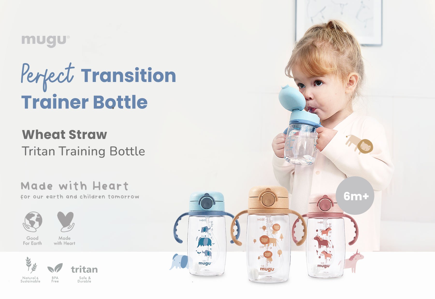 mugu wheat straw tritan training bottle (220ml) - Botol Minum Bayi/Anak description image