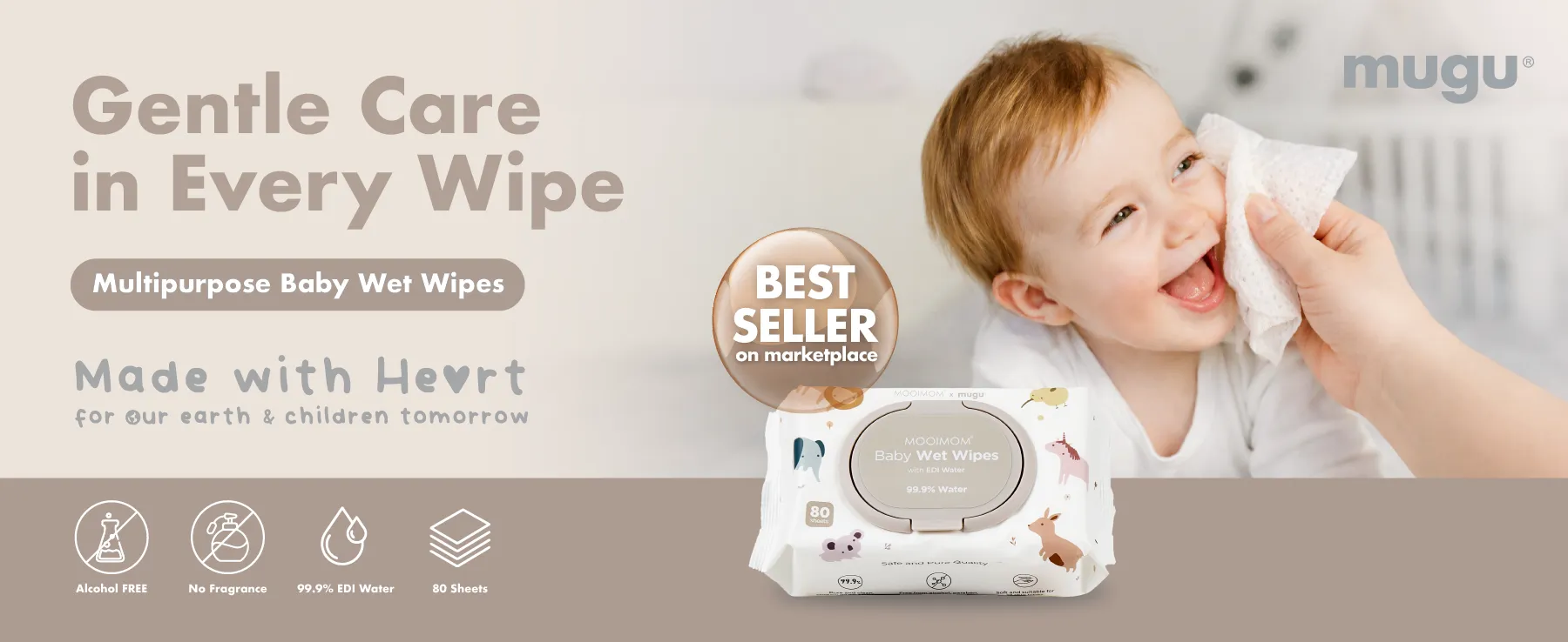 MOOIMOM x mugu Baby Wet Wipes with EDI Water - 80 Sheets description image