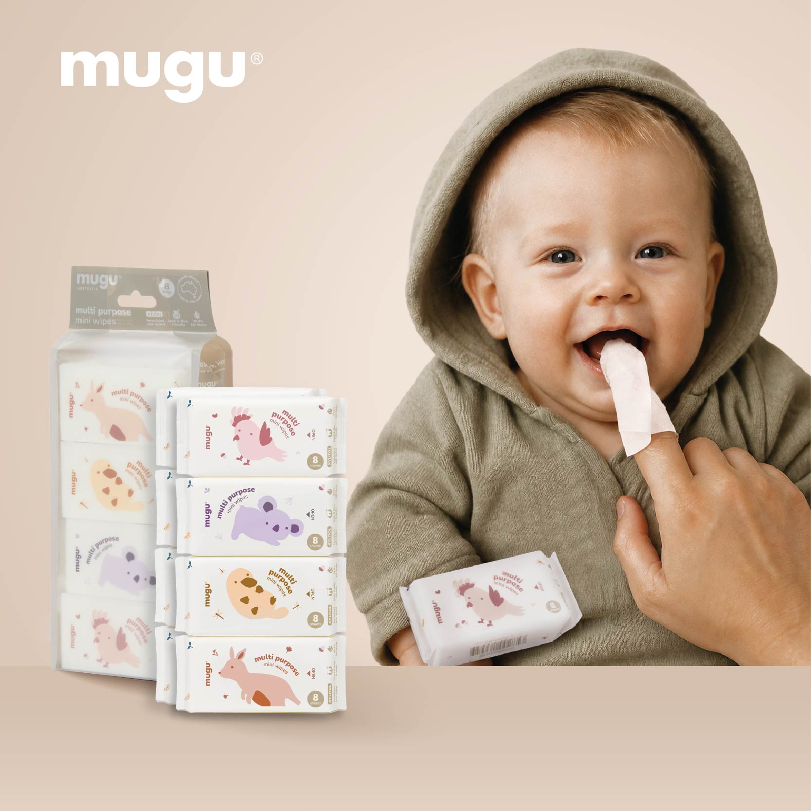 mugu multi purpose mini wipes - 8 sheets X 8 packs