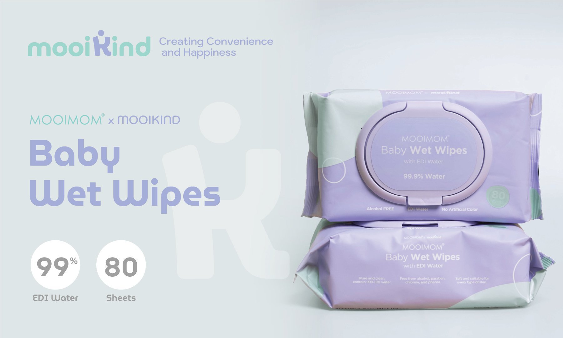 MOOIMOM x mooikind Baby Wet Wipes with EDI Water - 80 Sheets - Tisu Basah Bayi (Aman) description image