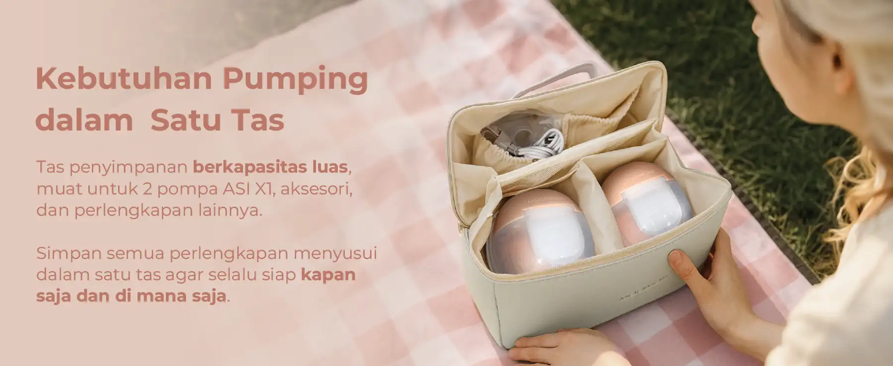 Gambar penjelasan desktop MOOIMOM X1 Ultra pompa ASI elektrik hands-free, menampilkan fitur dan keunggulan desain.