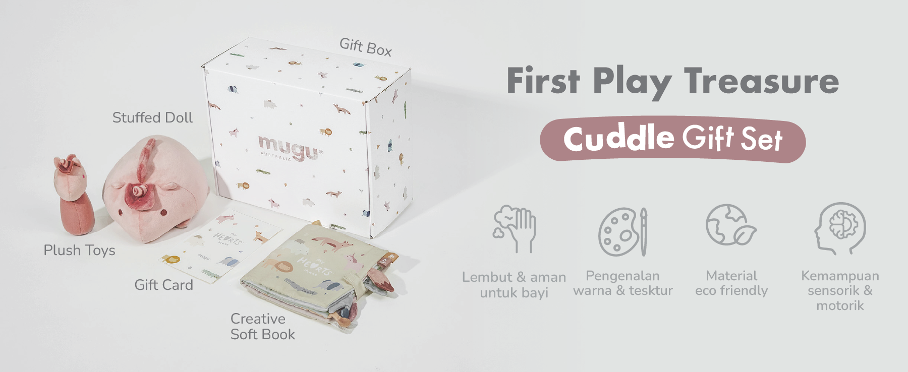 mugu CUDDLE GIFTSET - Set Perlengkapan Mainan Anak: Boneka Stuffed, Creative Book, dan Plush Toys description image