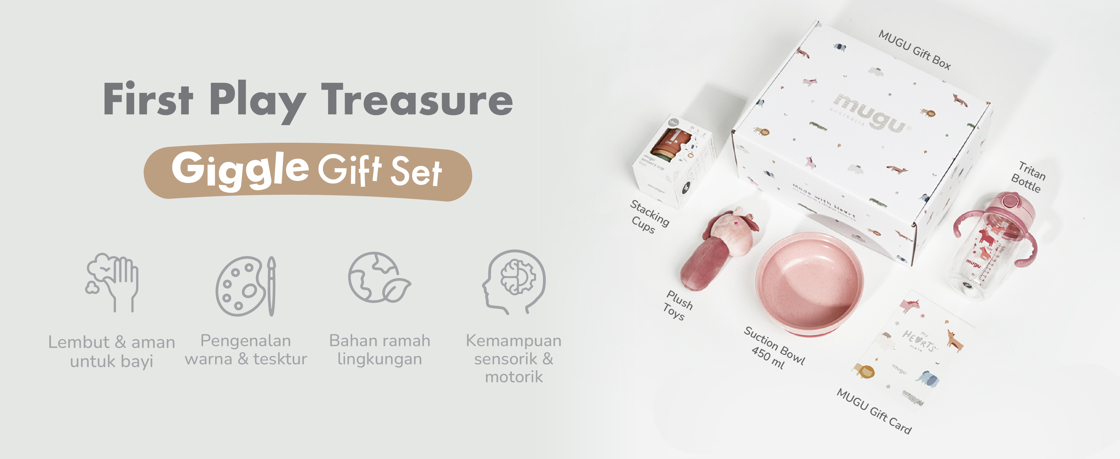 mugu GIGGLE GIFTSET - Set Mainan Edukatif dan Perlengkapan Anak: Boneka Plush, Mangkuk, dan Botol Minum description image