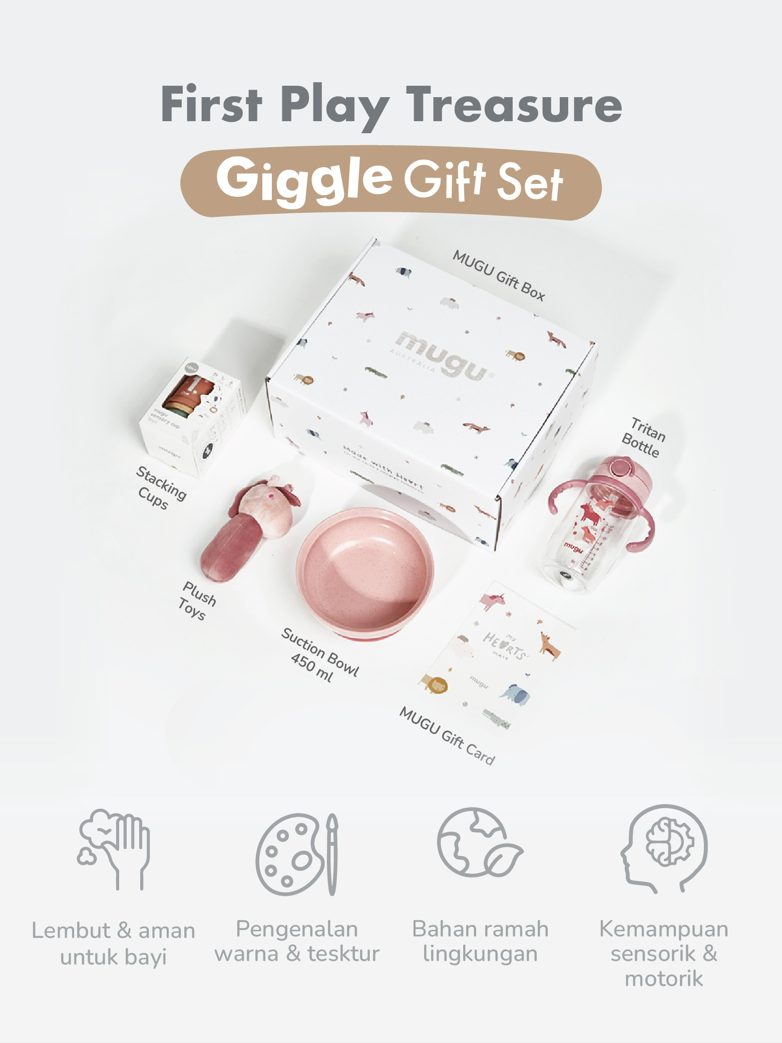 mugu GIGGLE GIFTSET - Set Mainan Edukatif dan Perlengkapan Anak: Boneka Plush, Mangkuk, dan Botol Minum description image