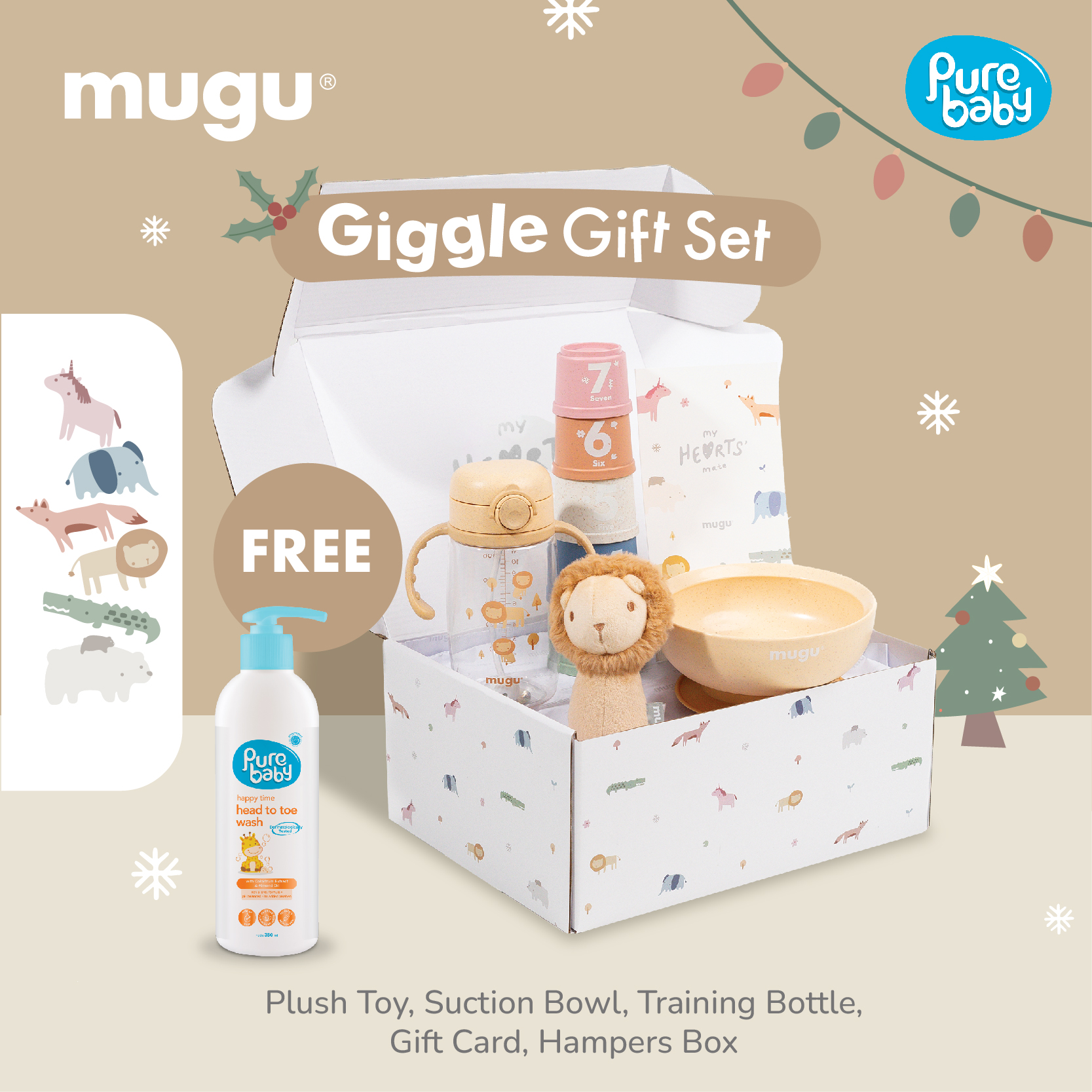 mugu GIGGLE GIFTSET - Set Mainan Edukatif dan Perlengkapan Anak: Boneka Plush, Mangkuk, dan Botol Minum