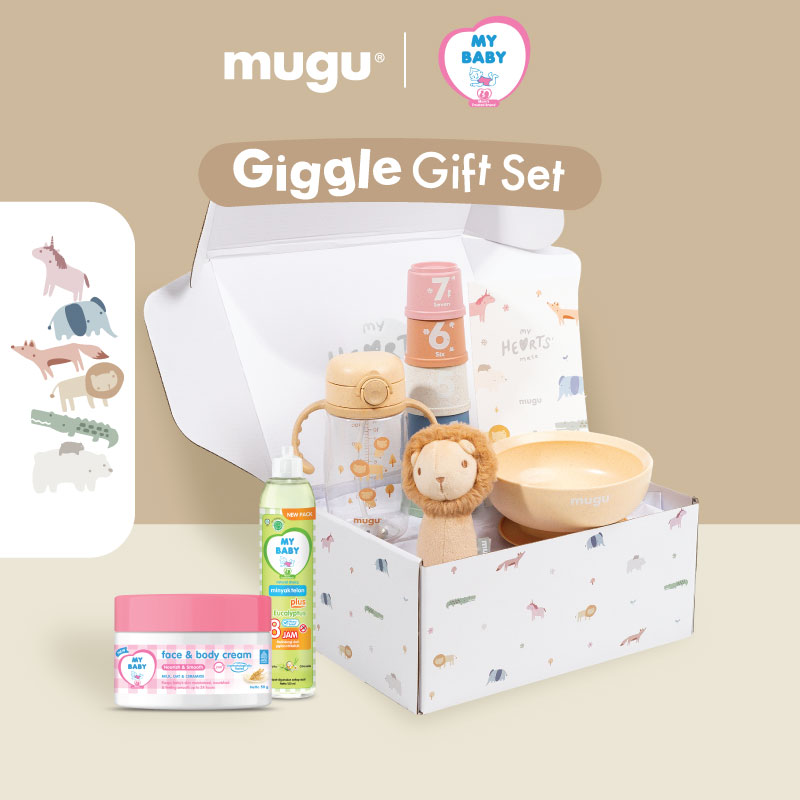 mugu GIGGLE GIFTSET - Set Mainan Edukatif dan Perlengkapan Anak: Boneka Plush, Mangkuk, dan Botol Minum