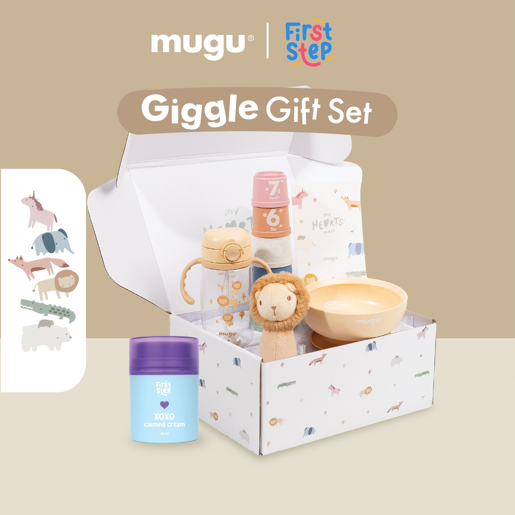 mugu GIGGLE GIFTSET - Set Mainan Edukatif dan Perlengkapan Anak: Boneka Plush, Mangkuk, dan Botol Minum