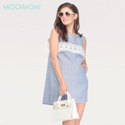 MOOIMOM Maternity & Nursing Dress In Lace With Cold Shoulder In Rib Blue - Dress Ibu Hamil Menyusui