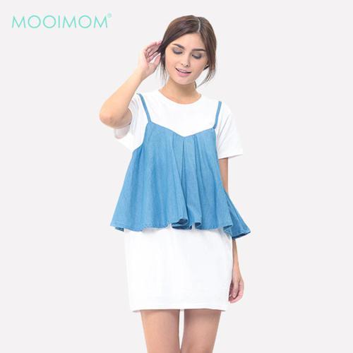 MOOIMOM Denim Vest One - Pices Nursing Dress White - Dress Hamil Menyusui image