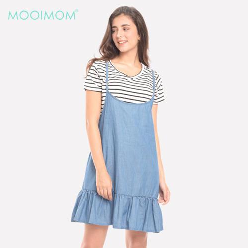 MOOIMOM 2 Pieces Midi Blue Stripes Denim Maternity & Nursing Dress - Dress Hamil Menyusui image