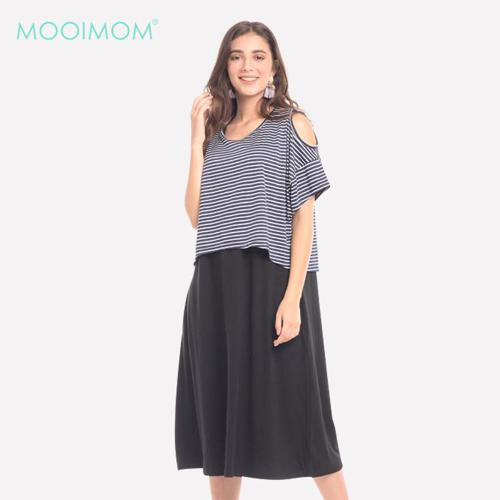 MOOIMOM Bold Grey In Cold Shoulder Maternity & Nursing Dress Navy - Dress Hamil Menyusui