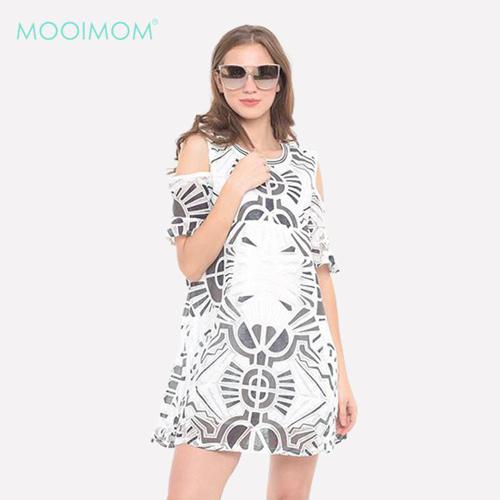 MOOIMOM Cold Shoulder Abstract Maternity & Nursing Dress White - Dress Hamil Menyusui