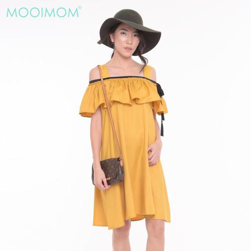 MOOIMOM Cold Shoulder Ruffled Maternity & Nursing Dress Yellow - Dress Hamil Menyusui image