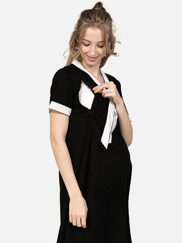 MOOIMOM White String Nursing Dress Black - Dress Hamil Menyusui description image