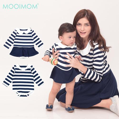 MOOIMOM Round Neck Long Sleeves Nursing Dress+Baby Clothes Navy - Baju Couple Hamil Menyusui Ibu Anak