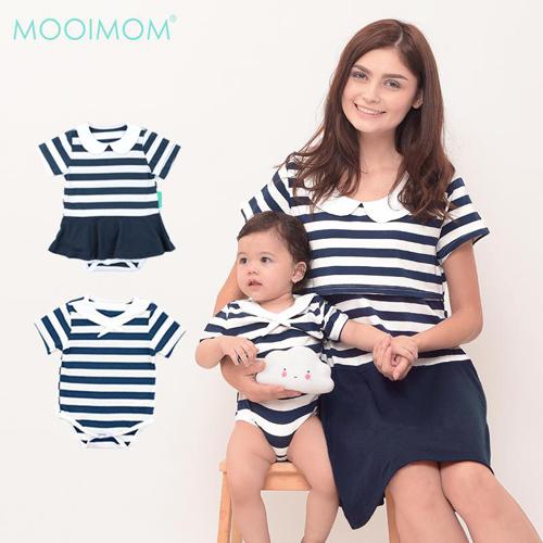 MOOIMOM Round Neck Nursing Dress+ Baby Clothes Navy - Baju Couple Hamil Menyusui Ibu Anak