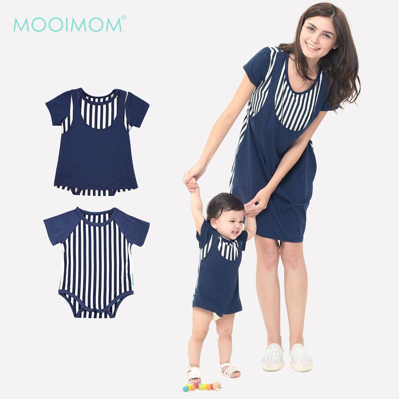 MOOIMOM Straight Stripe Nursing Sling Dress Couple Set Navy - Baju Couple Hamil Menyusui Ibu Anak