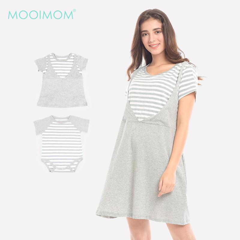 MOOIMOM Grey Stripped In Short Sleeves Nursing Dress Grey - Dress Hamil Menyusui