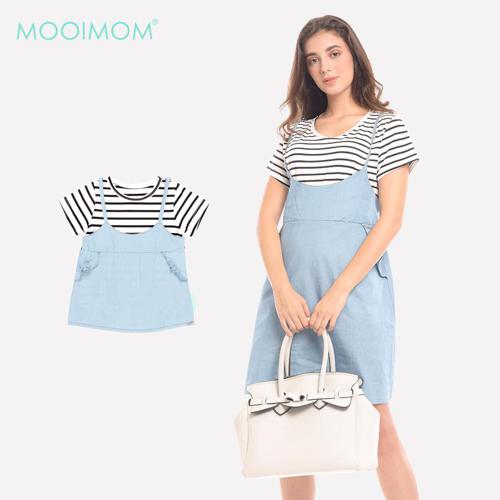 MOOIMOM 2 Pieces Stripes Denim Nursing Dress Blue - Dress Hamil Menyusui