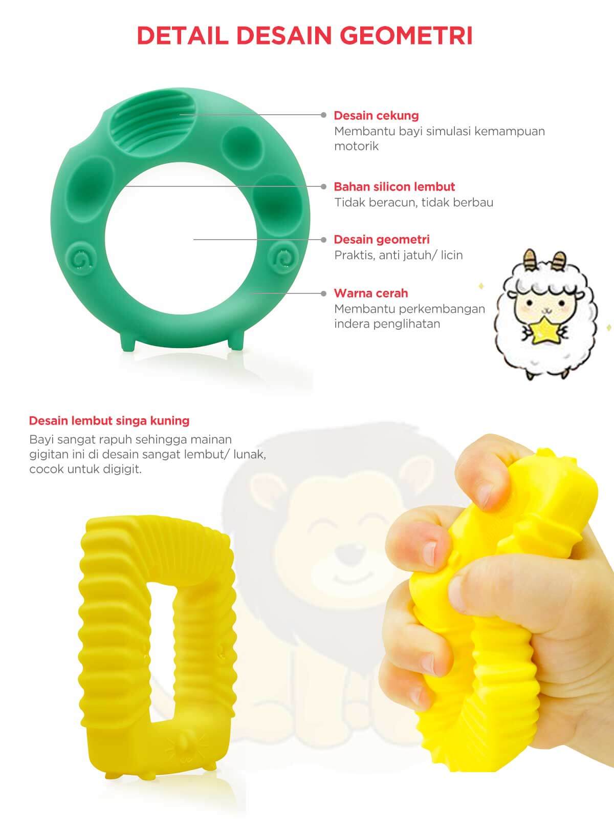 Mombella Educational Geometry Sensory Teether Toy Set Lion - Gigitan Bayi Aman description image