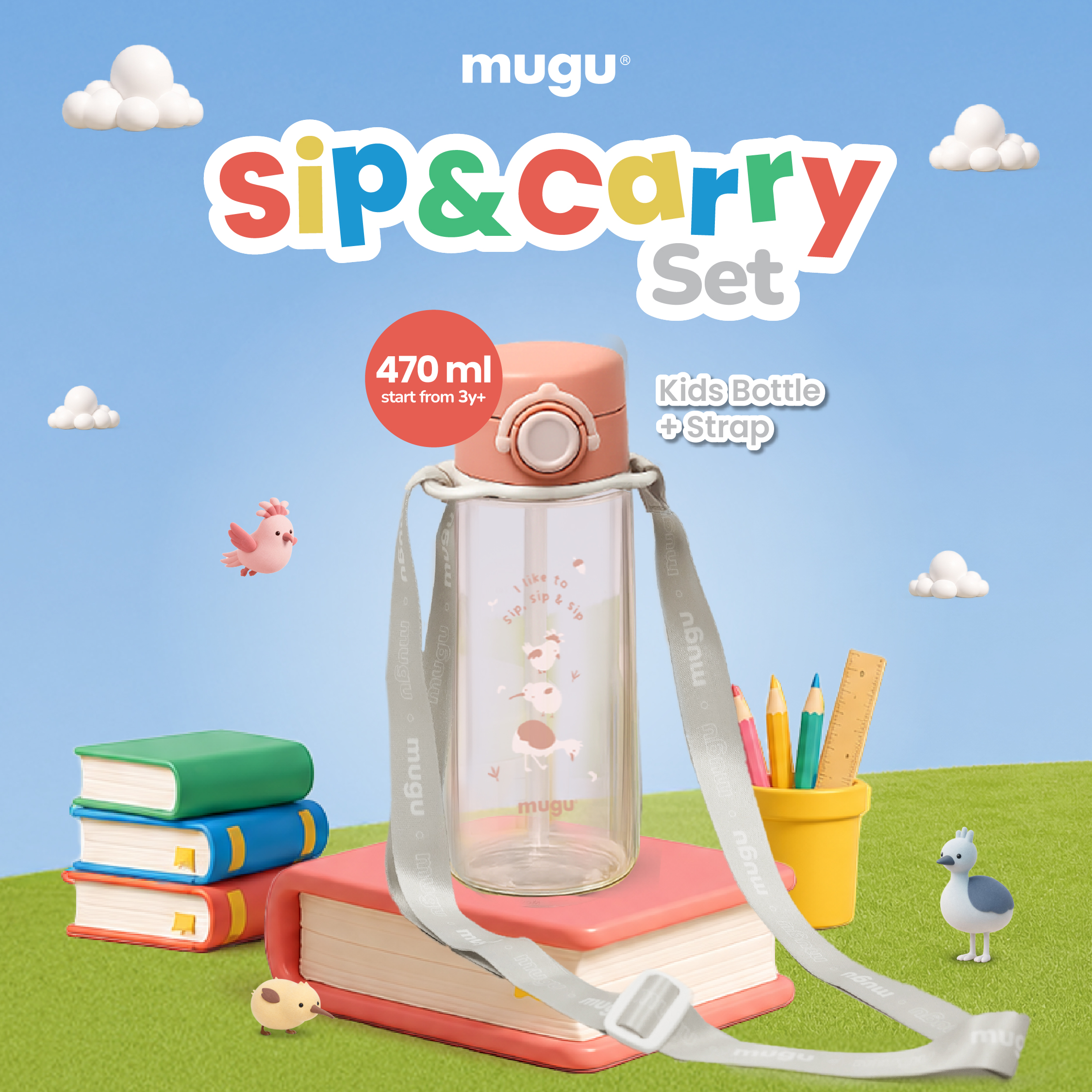 [NEW Bundling] mugu Sip & Carry Set - Bottle with Universal Strap